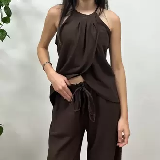 Keten Dokulu Bluz Pantolon Takım - KAHVERENGİ