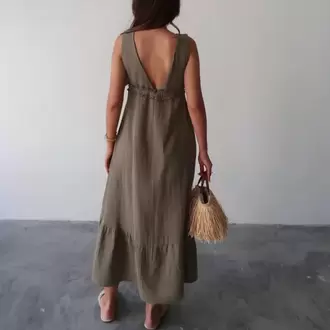 V Yaka Müslin Elbise - HAKİ