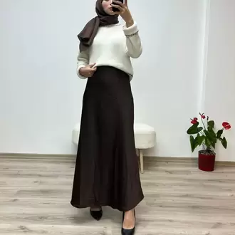 Çam Kesim Lastikli Saten Uzun Etek - KAHVERENGİ