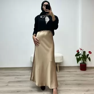 VAZIRADK Çam Kesim Lastikli Saten Uzun Etek - CAMEL