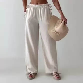Bağcıklı Bol Paça Keten Pantolon