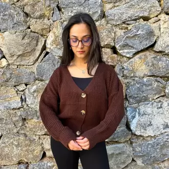 Düğmeli Örgü Kadın Hırka - KAHVE