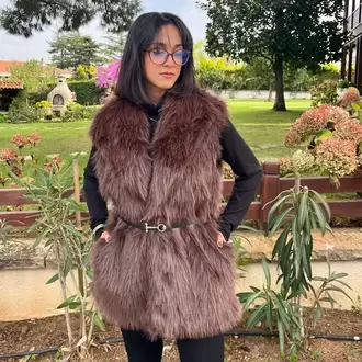 Kemerli Kürk Yelek - KAHVERENGİ