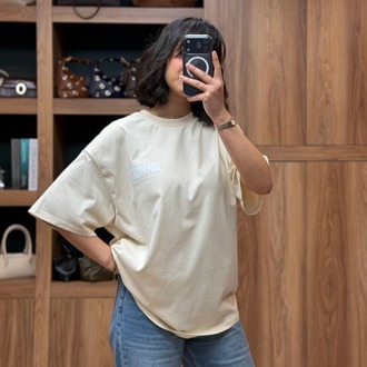 Bisiklet Yaka Oversize Baskılı Tişört - Krem