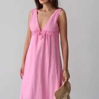 V Yaka Müslin Elbise - PEMBE