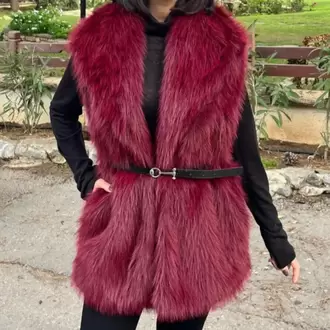 Kemerli Kürk Yelek - BORDO