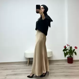 VAZIRADK Çam Kesim Lastikli Saten Uzun Etek - CAMEL