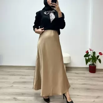 VAZIRADK Çam Kesim Lastikli Saten Uzun Etek - CAMEL