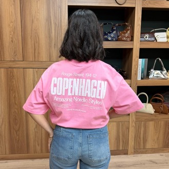 Bisiklet Yaka Oversize Baskılı Tişört- Pembe