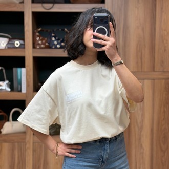 Bisiklet Yaka Oversize Baskılı Tişört - Krem