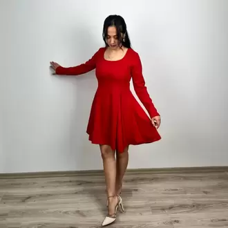 Uzun Kollu Kare Yaka Mini Krep Elbise - KIRMIZI