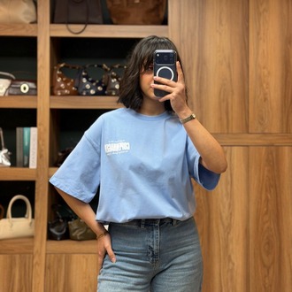 Bisiklet Yaka Oversize Baskılı Tişört- Mavi