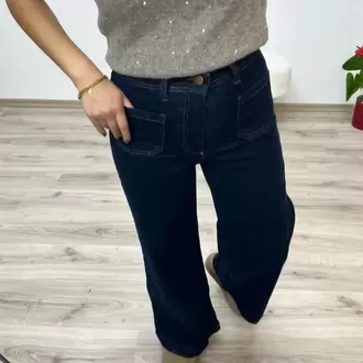 Bol Paça Yüksek Bel Denim Pantolon - KOYU MAVİ