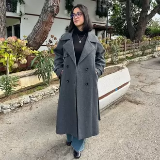 Çift Düğmeli Kemerli Kaşe Kaban - GRİ