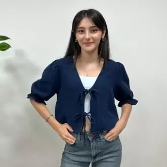 Müslin bağlamalı bluz - LACİVERT
