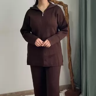 Fermuarlı Triko Takım - KAHVE