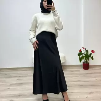 Çam Kesim Lastikli Saten Uzun Etek - SİYAH