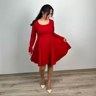 Uzun Kollu Kare Yaka Mini Krep Elbise - KIRMIZI