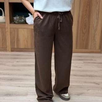 Beli Lastik Ve İp Bağlamalı Bol Paça Tensel Pantolon - KAHVE