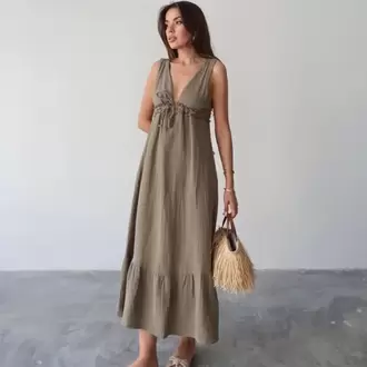V Yaka Müslin Elbise - HAKİ