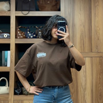 Bisiklet Yaka Oversize Baskılı Tişört- Kahverengi