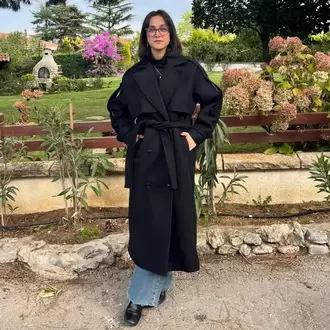 Premium Kaşe Kemerli Uzun Kaban - SİYAH