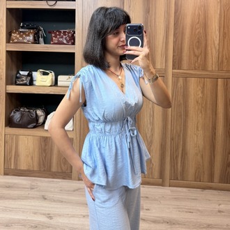 Bel Lastik Detay Çilek Bluz Pantolon Takımı - MAVİ