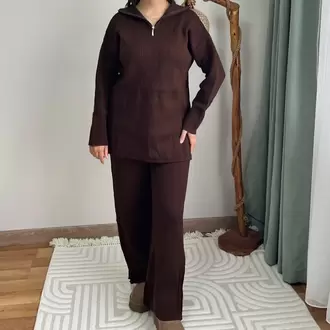 Fermuarlı Triko Takım - KAHVE