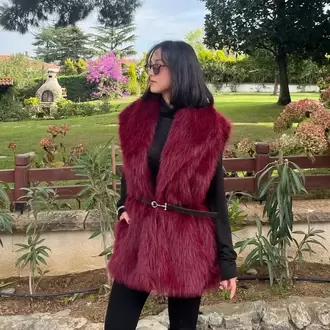 Kemerli Kürk Yelek - BORDO
