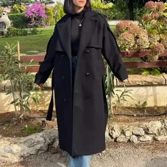 Premium Kaşe Kemerli Uzun Kaban - SİYAH