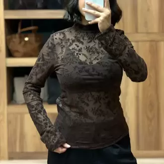 Kahve Küçük Çiçek Desenli Transparan Uzun Kollu Bluz
