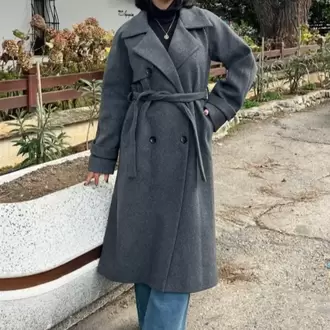 Çift Düğmeli Kemerli Kaşe Kaban - GRİ