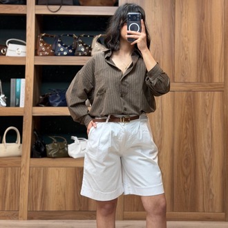 Beli Kemerli Licralı Gabardin Midi Boy Şort - BEYAZ