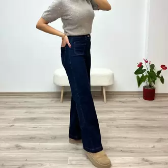 Bol Paça Yüksek Bel Denim Pantolon - KOYU MAVİ