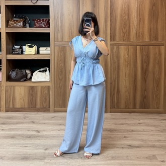 Bel Lastik Detay Çilek Bluz Pantolon Takımı - MAVİ