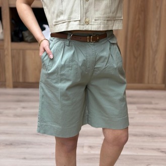 Beli Kemerli Licralı Gabardin Midi Boy Şort - HAKİ