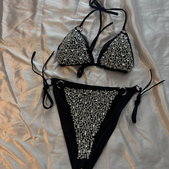 Taş İşlemeli Siyah Bikini Takımı | Bağlamalı Işıltılı Tasarım