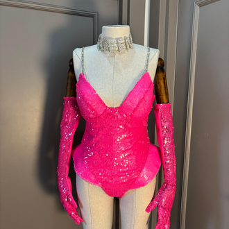 Neon Pembe Payetli Eldivenli Fantezi Body Takımı