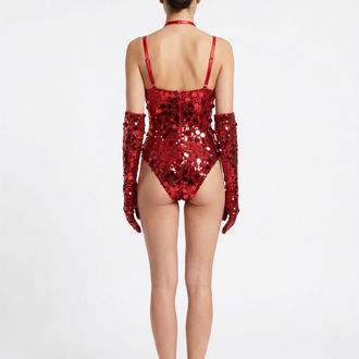 Kırmızı Payetli Eldivenli Maskeli Fantazi Body Set