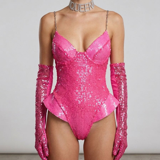 Neon Pembe Payetli Eldivenli Fantezi Body Takımı