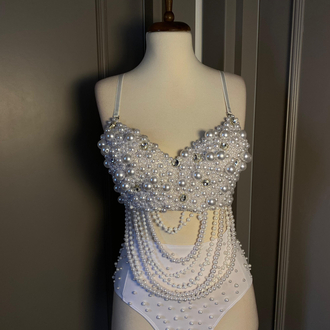 Pearl Luxury İnci Taşlı Zincir Detaylı Beyaz Bodysuit