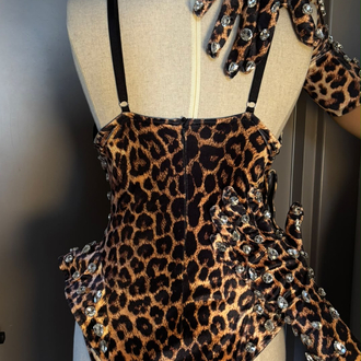 Leopar Taş Işıltılı Bodysuit & Eldiven Seti