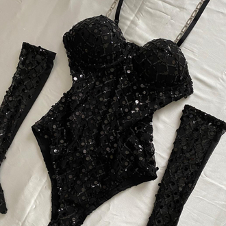 Midnight Shine Payetli Bodysuit & Eldiven Set