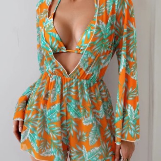 Tropik Desenli 3'lü Bikini & Şortlu Tulum Seti