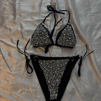 Taş İşlemeli Siyah Bikini Takımı | Bağlamalı Işıltılı Tasarım