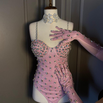 Princess Shine Taşlı Pembe Bodysuit & Eldiven Set