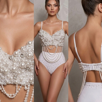 Pearl Luxury İnci Taşlı Zincir Detaylı Beyaz Bodysuit