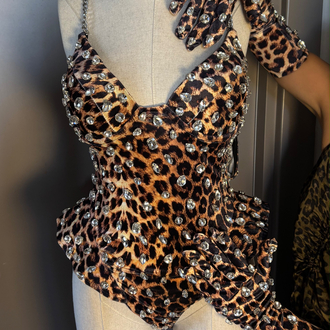 Leopar Taş Işıltılı Bodysuit & Eldiven Seti