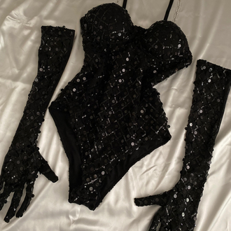 Midnight Shine Payetli Bodysuit & Eldiven Set