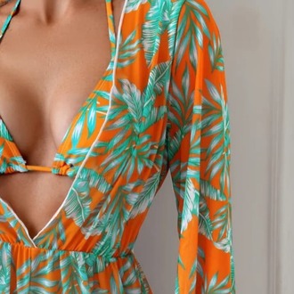 Tropik Desenli 3'lü Bikini & Şortlu Tulum Seti